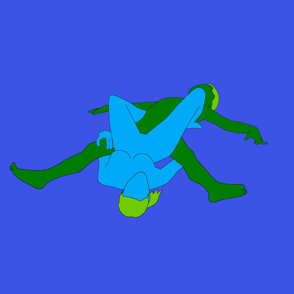 A naked illustrated couple lying down together in the Starfish sex position.
